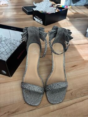 Material Girl Silver Glitter Ankle-Strap Heels with Bow Detail
